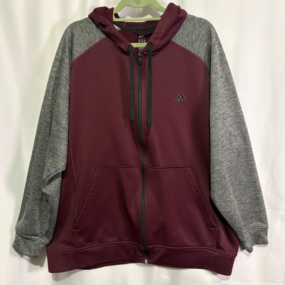 Adidas Climawarm Full Zip Hoodie Mens 2XL Burgundy Grey Fleece Sweatshirt